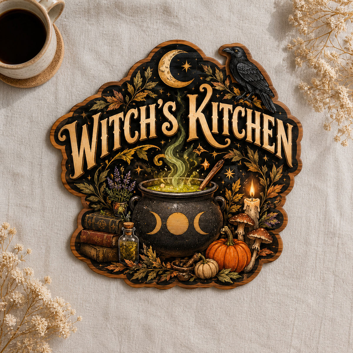 Witch'S Kitchen Wooden Sign, Raven Cauldron Door Hanger, Halloween Pumpkin Mushroom Decor