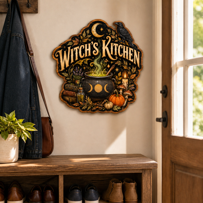 Witch'S Kitchen Wooden Sign, Raven Cauldron Door Hanger, Halloween Pumpkin Mushroom Decor