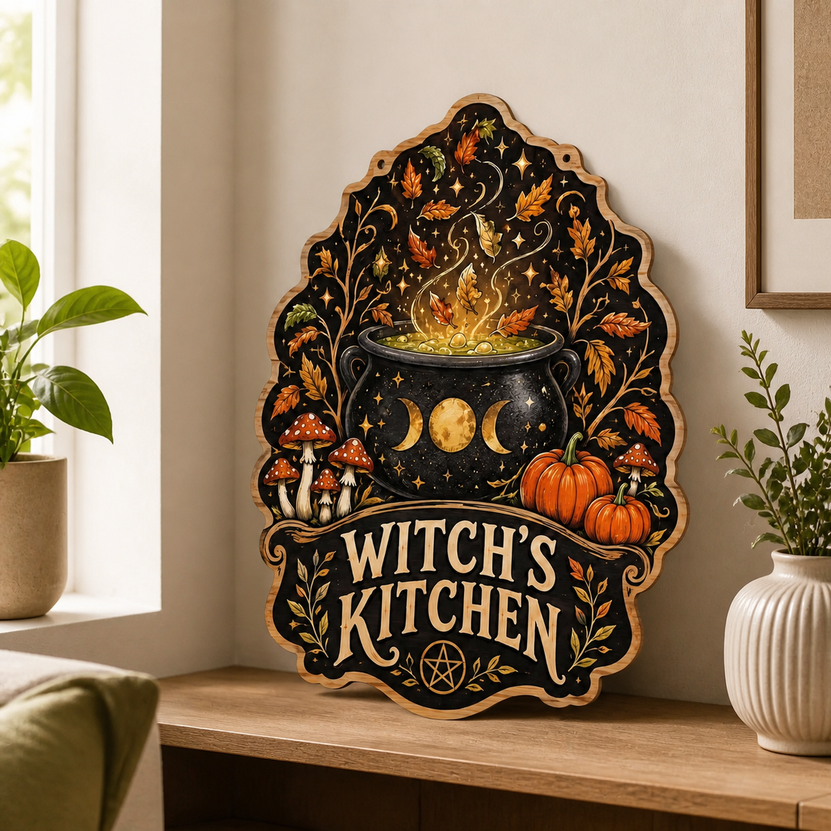 Witch'S Kitchen Wooden Sign Autumn Leaves Cauldron Door Hanger
