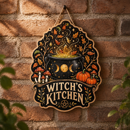 Witch'S Kitchen Wooden Sign Autumn Leaves Cauldron Door Hanger