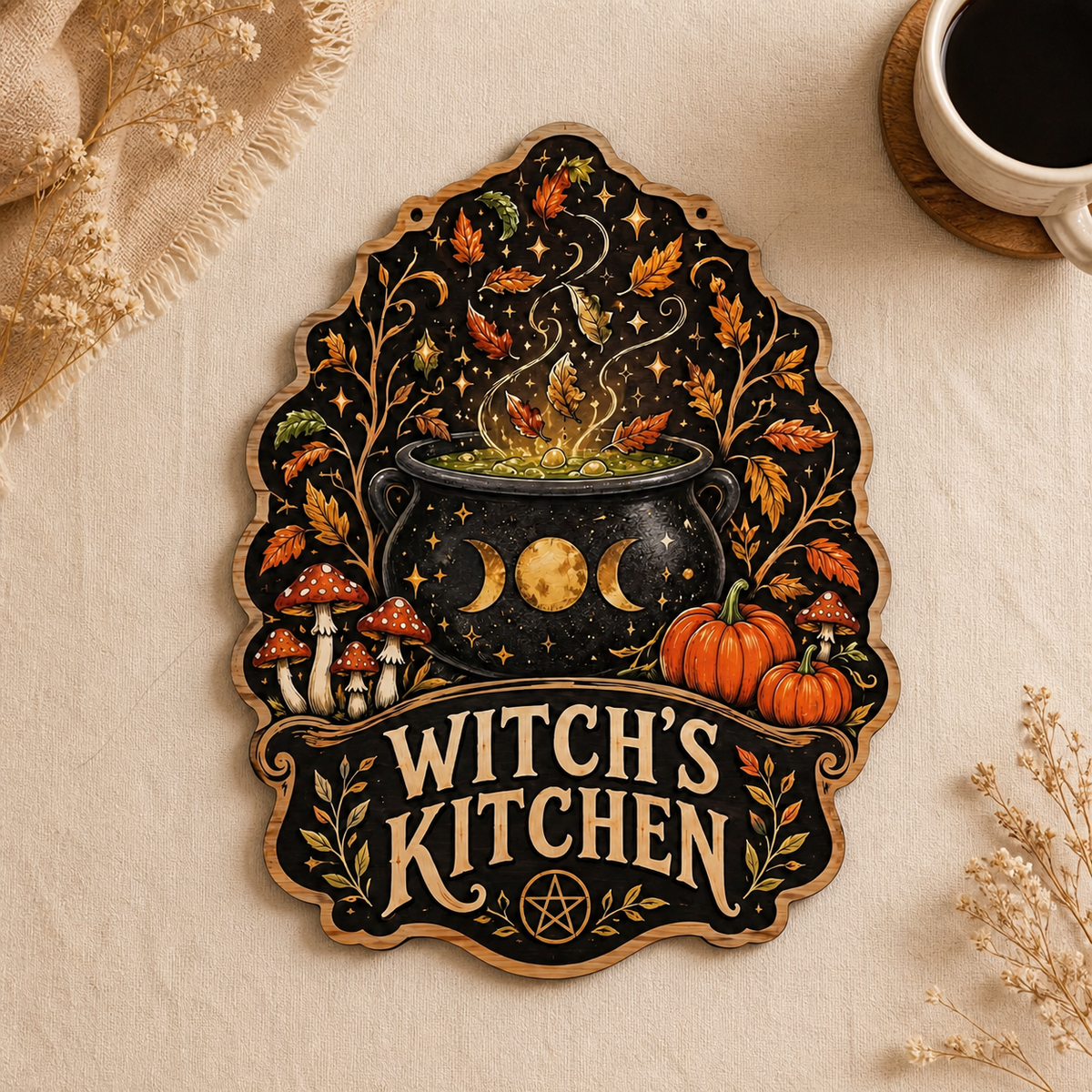 Witch'S Kitchen Wooden Sign Autumn Leaves Cauldron Door Hanger