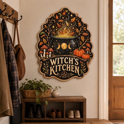 Witch'S Kitchen Wooden Sign Autumn Leaves Cauldron Door Hanger