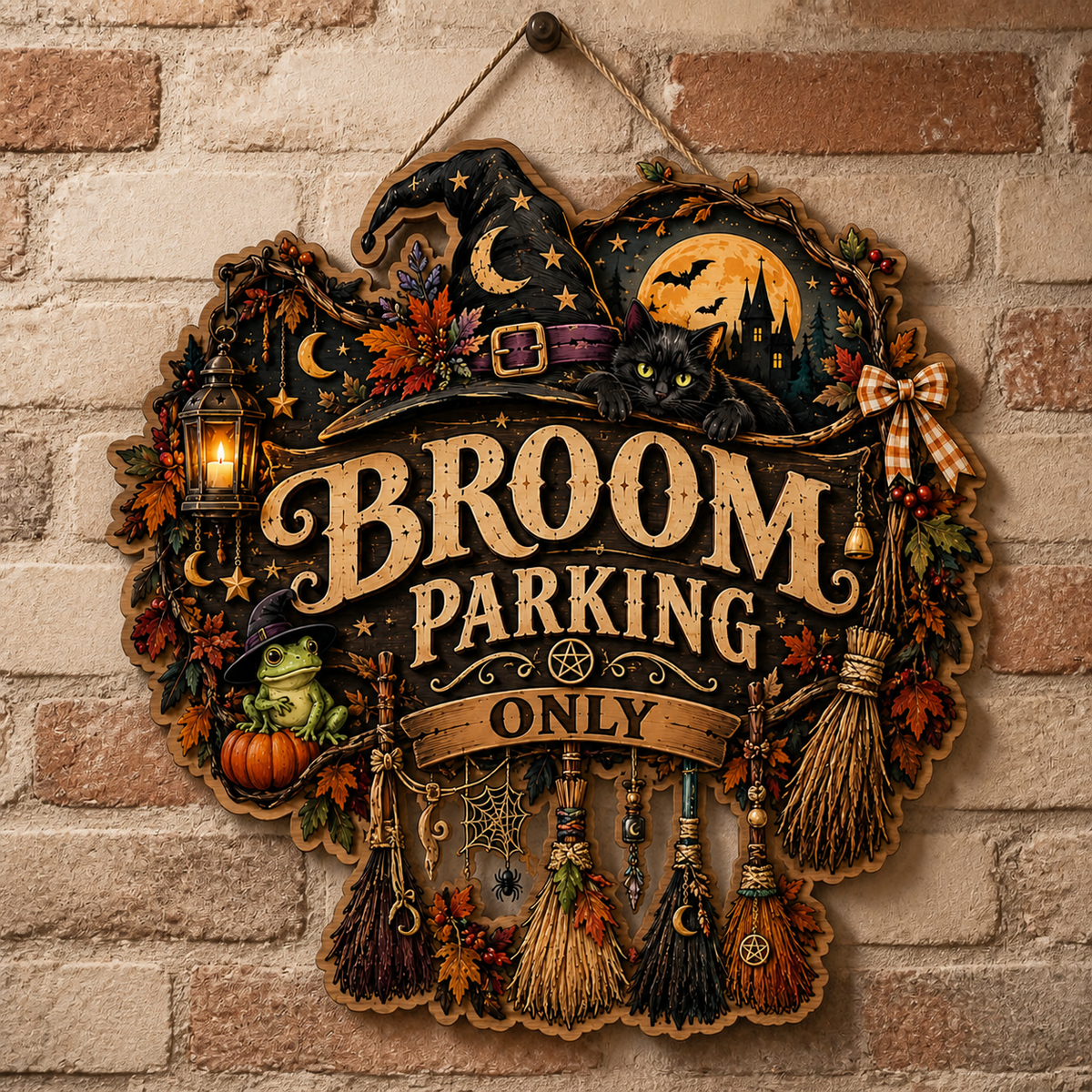 Broom Parking Only Wooden Sign, Multiple Hanging Brooms Decor