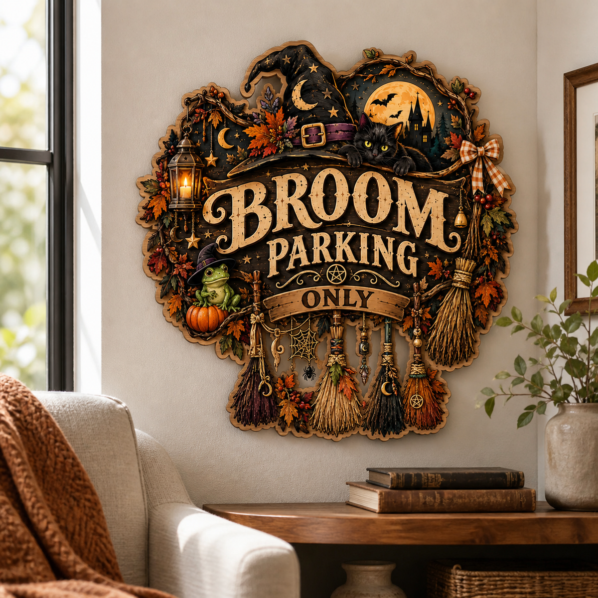 Broom Parking Only Wooden Sign, Multiple Hanging Brooms Decor
