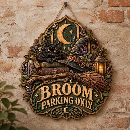 Broom Parking Only Wooden Sign, Black Cat On Spell Books Decor