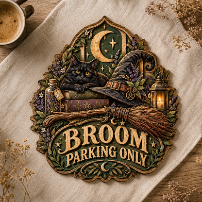 Broom Parking Only Wooden Sign, Black Cat On Spell Books Decor