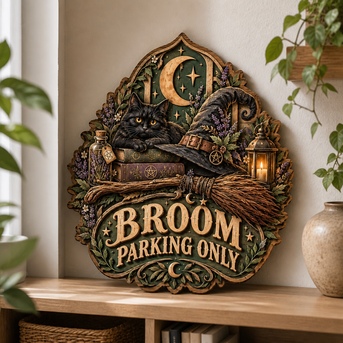 Broom Parking Only Wooden Sign, Black Cat On Spell Books Decor