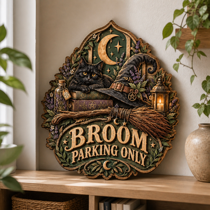 Broom Parking Only Wooden Sign, Black Cat On Spell Books Decor