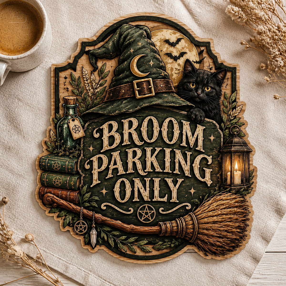 Broom Parking Only Wooden Sign, Green Witch Hat Peeking Cat Door Hanger