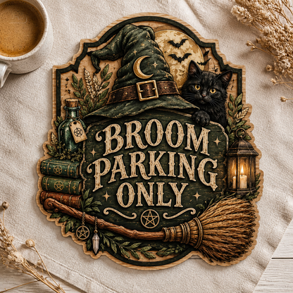 Broom Parking Only Wooden Sign, Green Witch Hat Peeking Cat Door Hanger
