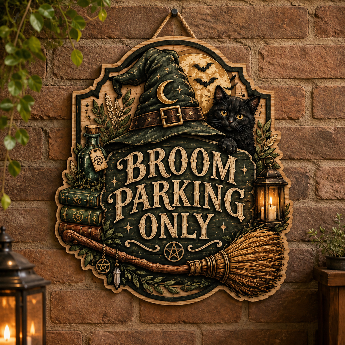 Broom Parking Only Wooden Sign, Green Witch Hat Peeking Cat Door Hanger