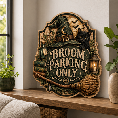 Broom Parking Only Wooden Sign, Green Witch Hat Peeking Cat Door Hanger