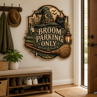 Broom Parking Only Wooden Sign, Green Witch Hat Peeking Cat Door Hanger