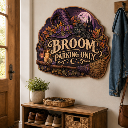 Broom Parking Only Wooden Sign, Purple Hat Black Cat Decor, Moonlit Castle, Halloween