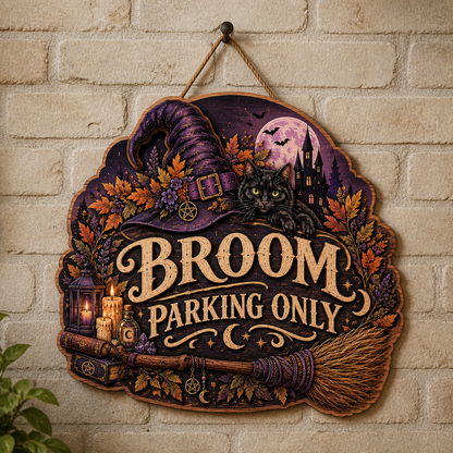 Broom Parking Only Wooden Sign, Purple Hat Black Cat Decor, Moonlit Castle, Halloween