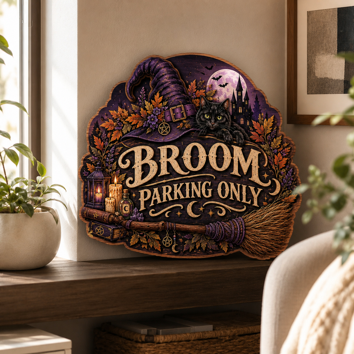 Broom Parking Only Wooden Sign, Purple Hat Black Cat Decor, Moonlit Castle, Halloween