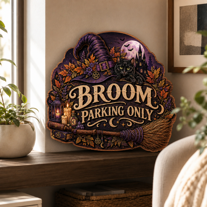 Broom Parking Only Wooden Sign, Purple Hat Black Cat Decor, Moonlit Castle, Halloween