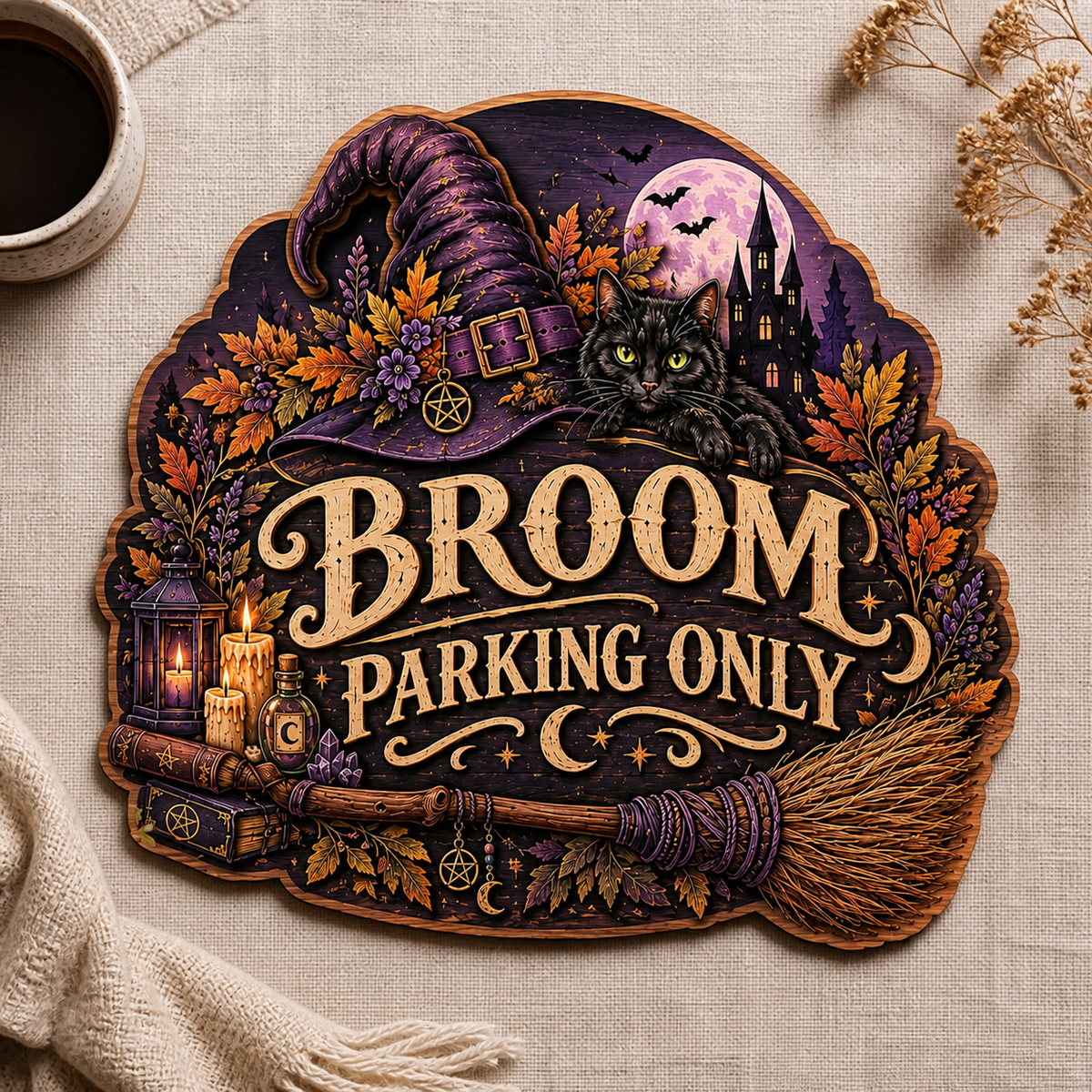Broom Parking Only Wooden Sign, Purple Hat Black Cat Decor, Moonlit Castle, Halloween