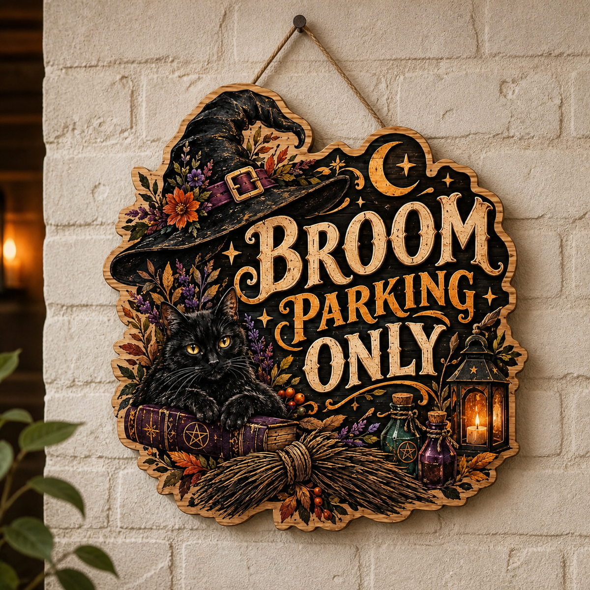 Broom Parking Only Wooden Sign, Floral Witch Hat & Potion Bottles Decor
