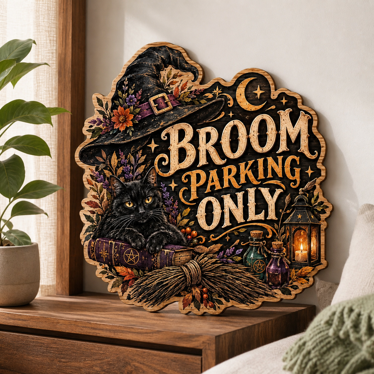 Broom Parking Only Wooden Sign, Floral Witch Hat & Potion Bottles Decor