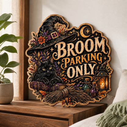 Broom Parking Only Wooden Sign, Floral Witch Hat & Potion Bottles Decor