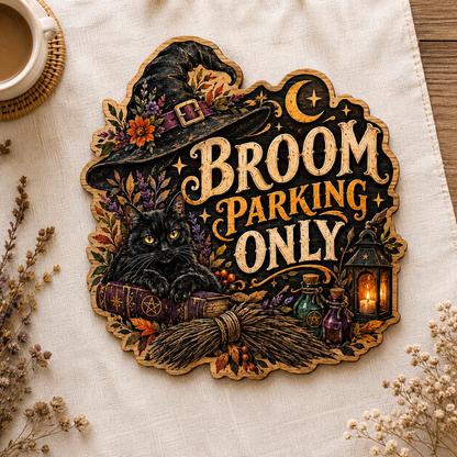 Broom Parking Only Wooden Sign, Floral Witch Hat & Potion Bottles Decor