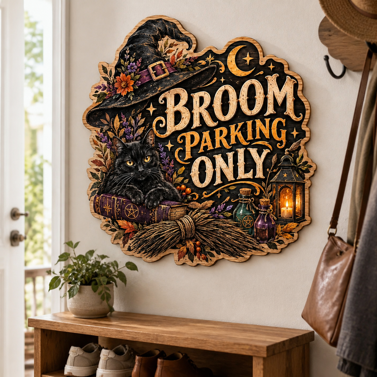 Broom Parking Only Wooden Sign, Floral Witch Hat & Potion Bottles Decor