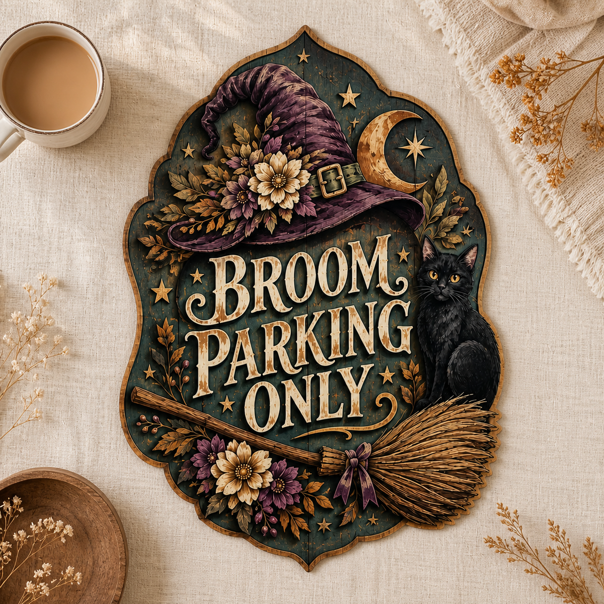 Broom Parking Only Wooden Sign, Purple Witch Hat, Crescent Moon Decor