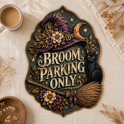 Broom Parking Only Wooden Sign, Purple Witch Hat, Crescent Moon Decor