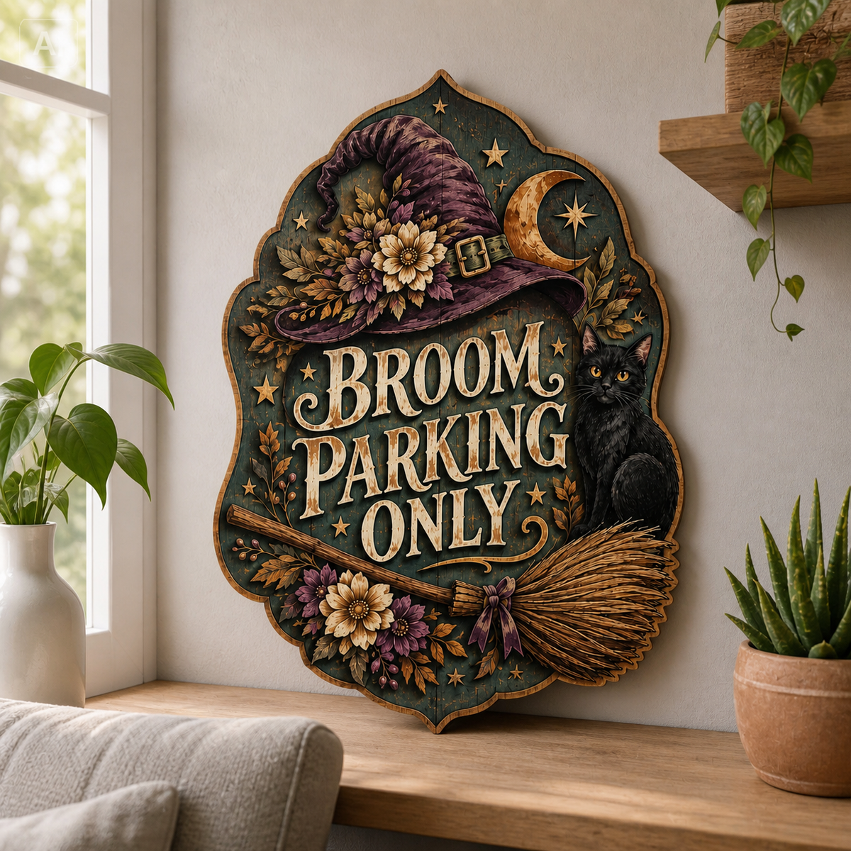 Broom Parking Only Wooden Sign, Purple Witch Hat, Crescent Moon Decor