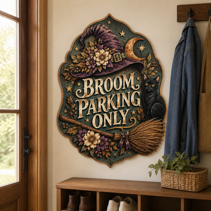 Broom Parking Only Wooden Sign, Purple Witch Hat, Crescent Moon Decor