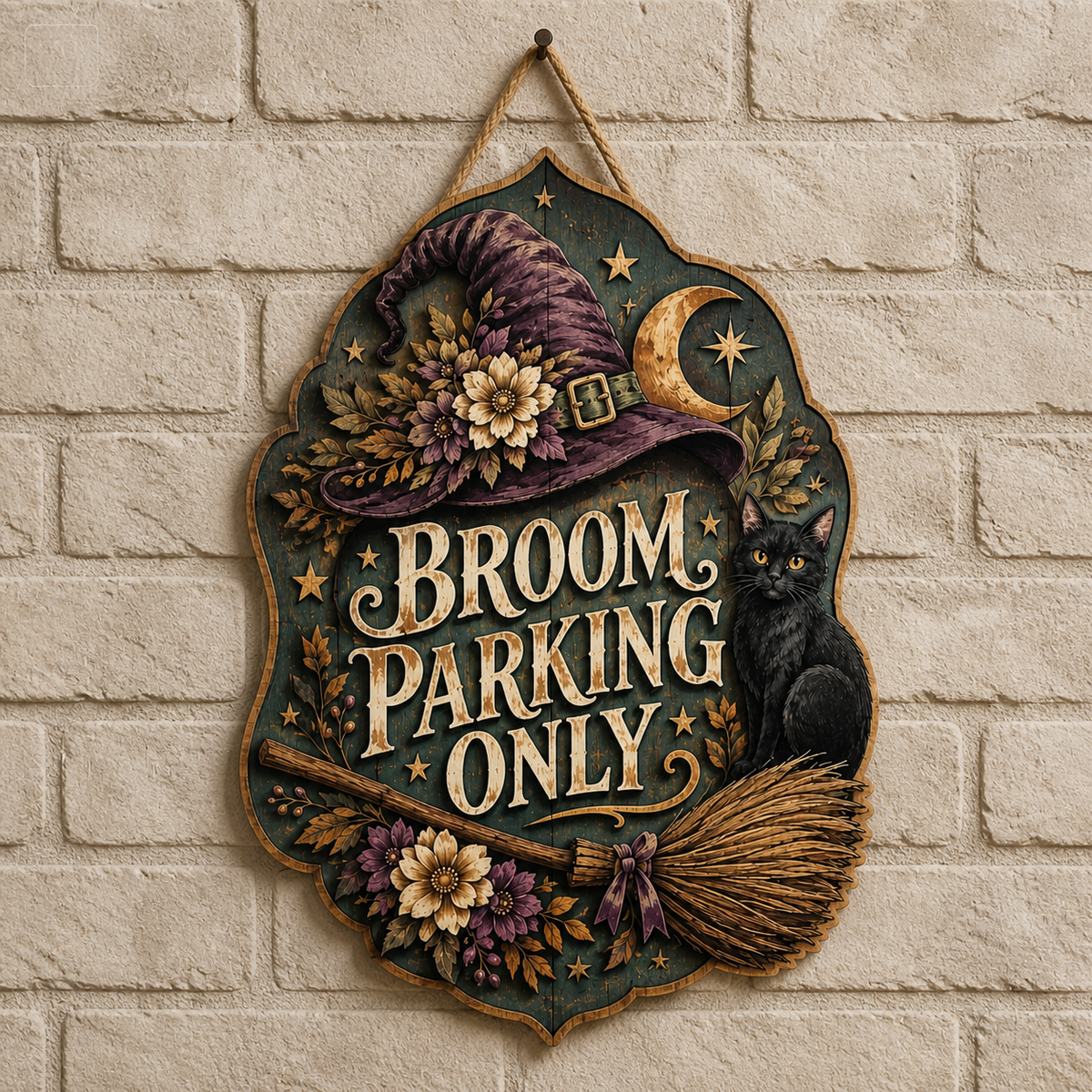 Broom Parking Only Wooden Sign, Purple Witch Hat, Crescent Moon Decor