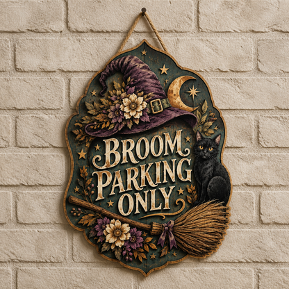 Broom Parking Only Wooden Sign, Purple Witch Hat, Crescent Moon Decor