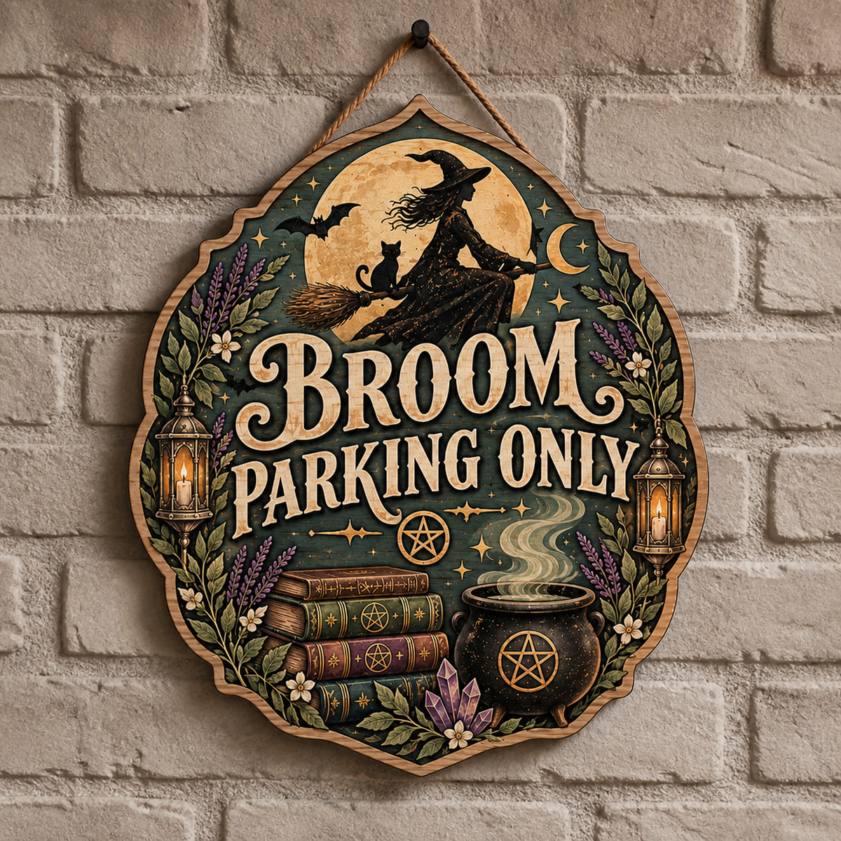 Broom Parking Only Wooden Sign, Witch Cat Silhouette, Cauldron Books Home Decor