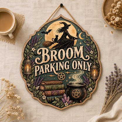 Broom Parking Only Wooden Sign, Witch Cat Silhouette, Cauldron Books Home Decor