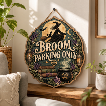 Broom Parking Only Wooden Sign, Witch Cat Silhouette, Cauldron Books Home Decor