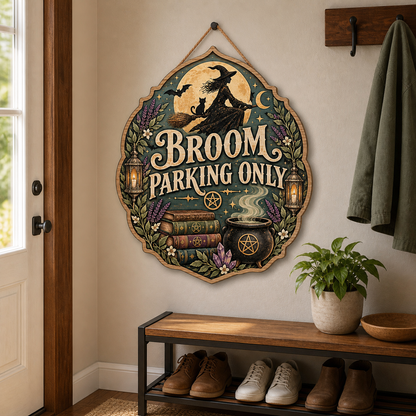 Broom Parking Only Wooden Sign, Witch Cat Silhouette, Cauldron Books Home Decor