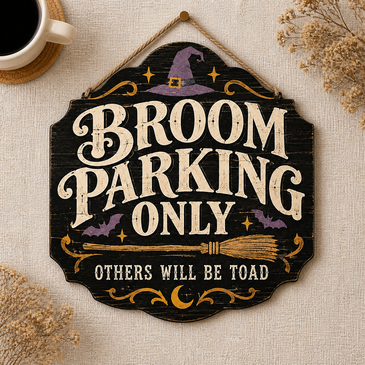 Broom Parking Only Wooden Sign, Others Will Be Toad Door Hanger, Purple Bats Witch Hat