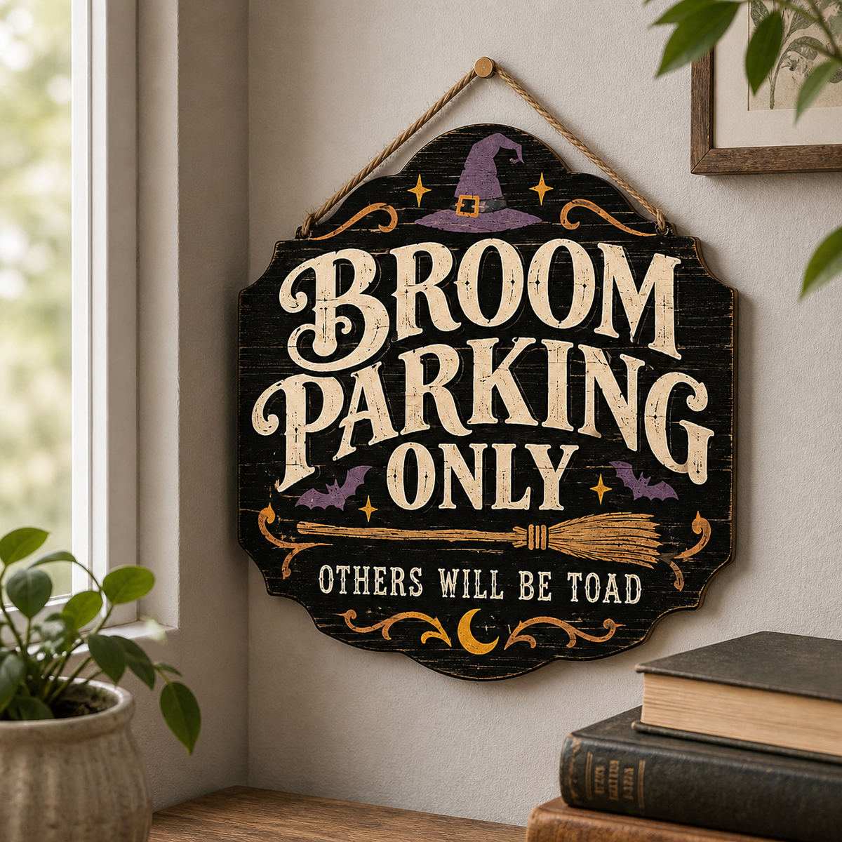 Broom Parking Only Wooden Sign, Others Will Be Toad Door Hanger, Purple Bats Witch Hat