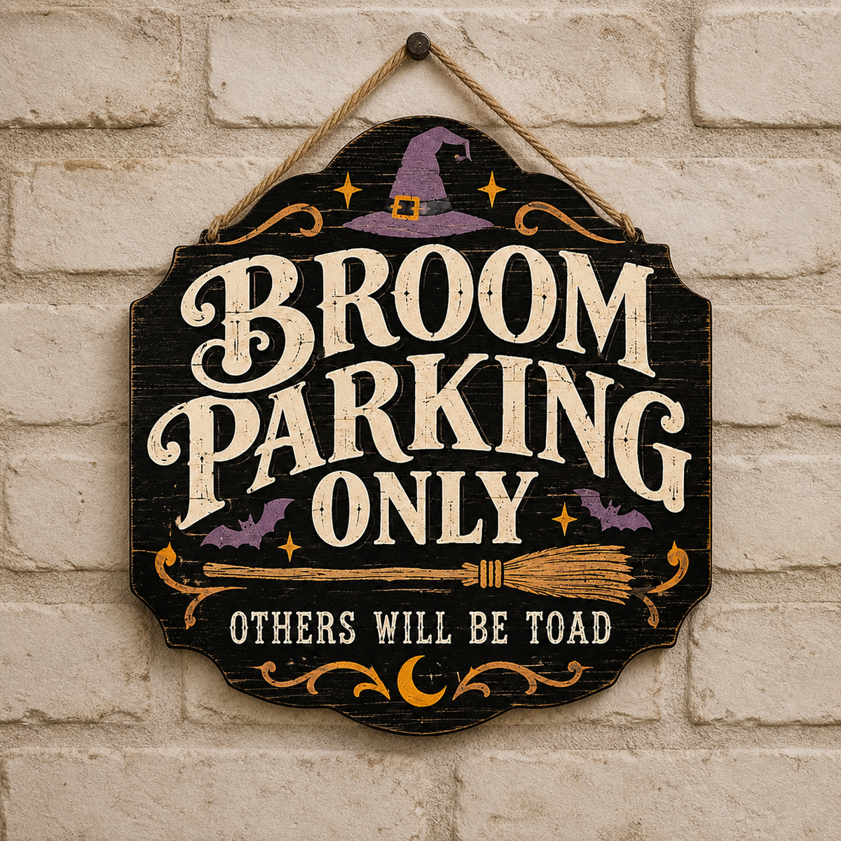 Broom Parking Only Wooden Sign, Others Will Be Toad Door Hanger, Purple Bats Witch Hat