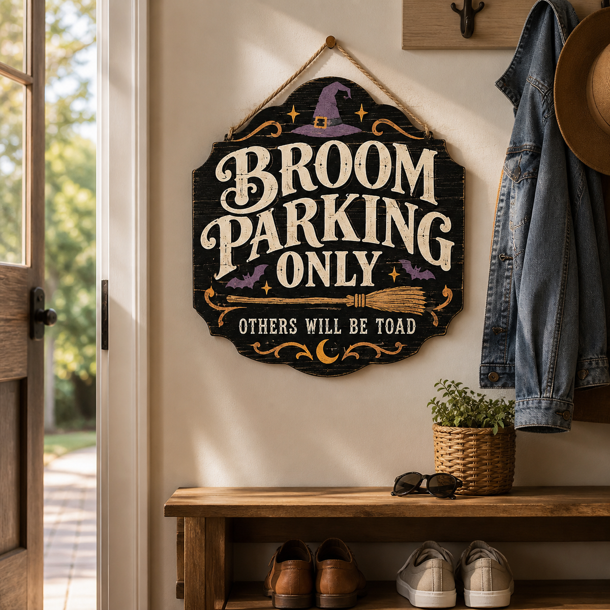 Broom Parking Only Wooden Sign, Others Will Be Toad Door Hanger, Purple Bats Witch Hat