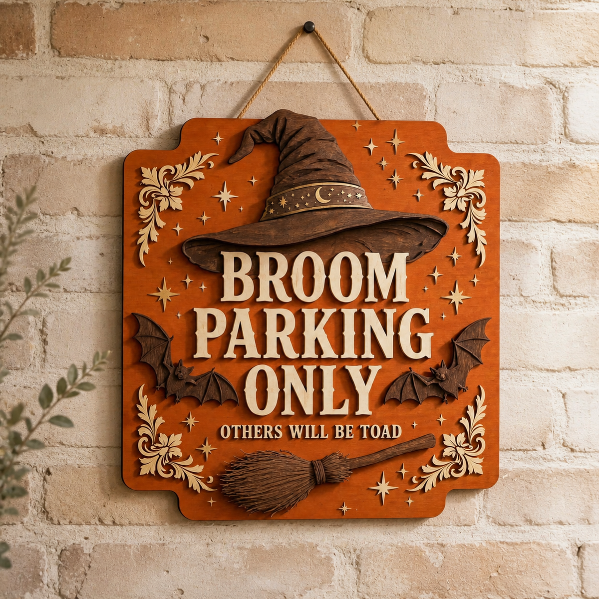 Broom Parking Only Wooden Sign, Carved Orange Wood Door Hanger, Witch Hat Bats Halloween Decor