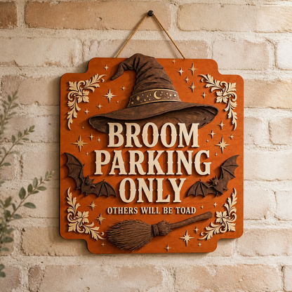 Broom Parking Only Wooden Sign, Carved Orange Wood Door Hanger, Witch Hat Bats Halloween Decor