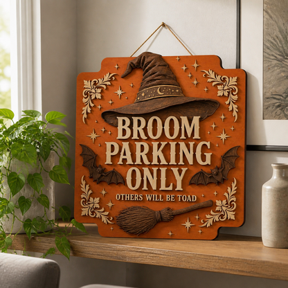 Broom Parking Only Wooden Sign, Carved Orange Wood Door Hanger, Witch Hat Bats Halloween Decor