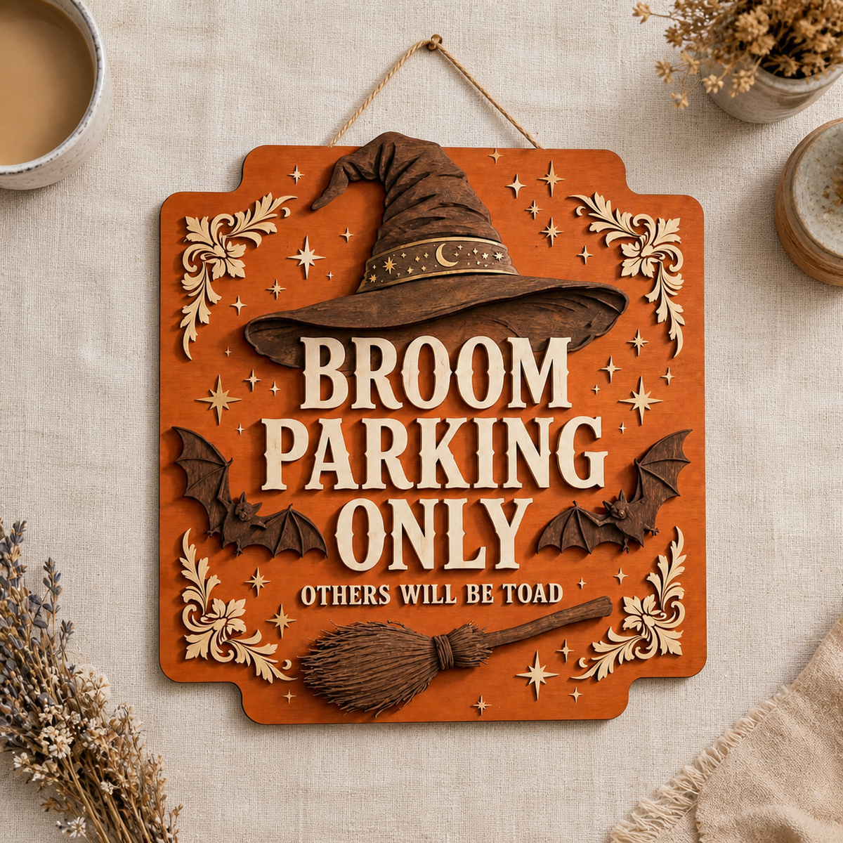 Broom Parking Only Wooden Sign, Carved Orange Wood Door Hanger, Witch Hat Bats Halloween Decor