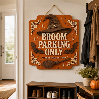 Broom Parking Only Wooden Sign, Carved Orange Wood Door Hanger, Witch Hat Bats Halloween Decor