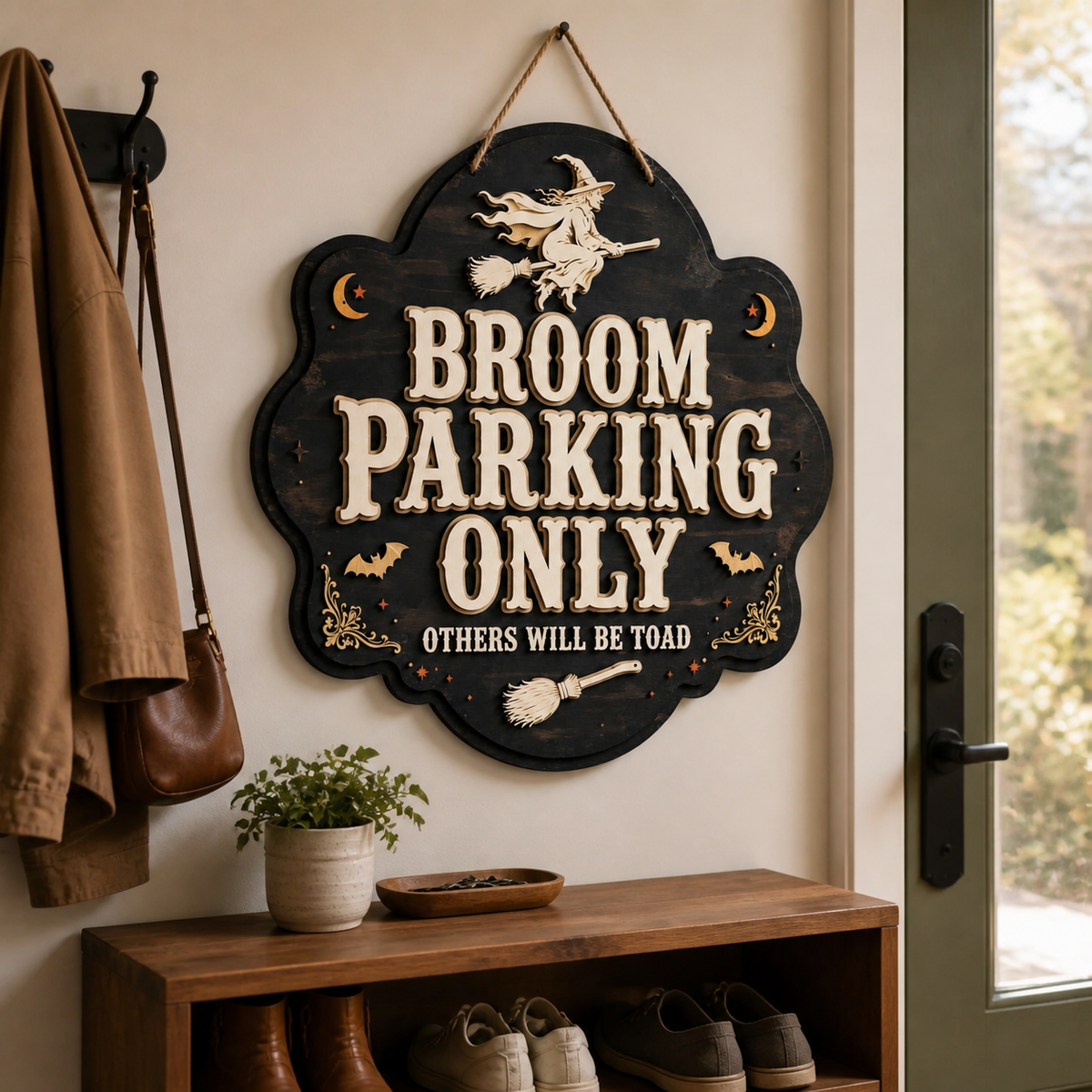 Broom Parking Only Wooden Sign, Flying Witch Silhouette Door Hanger