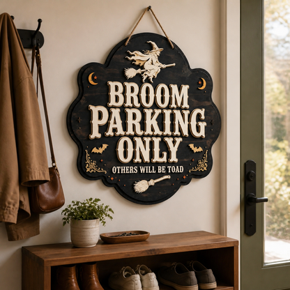 Broom Parking Only Wooden Sign, Flying Witch Silhouette Door Hanger