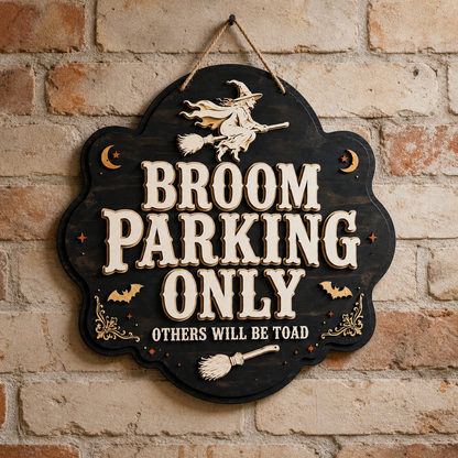 Broom Parking Only Wooden Sign, Flying Witch Silhouette Door Hanger
