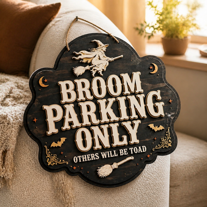 Broom Parking Only Wooden Sign, Flying Witch Silhouette Door Hanger